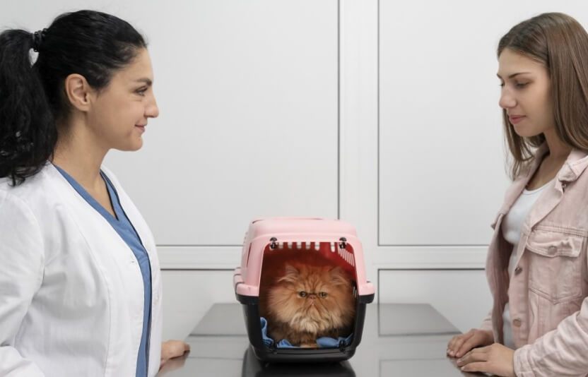 врач и клиент стоят в кабинете клиники, кошка в переноске